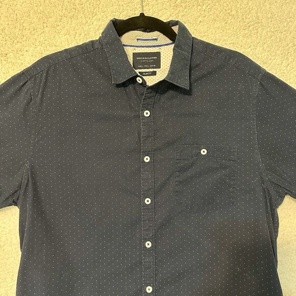 Denim & Flower Ricky Singh Men's L Shirt Navy Blue White Pin Dot Slim Fit Cotton - Picture 2 of 16